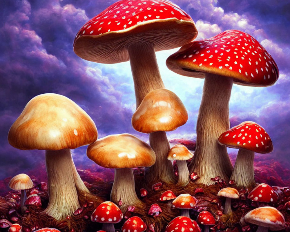 Colorful Fantasy Illustration: Whimsical Mushrooms under Purple Sky