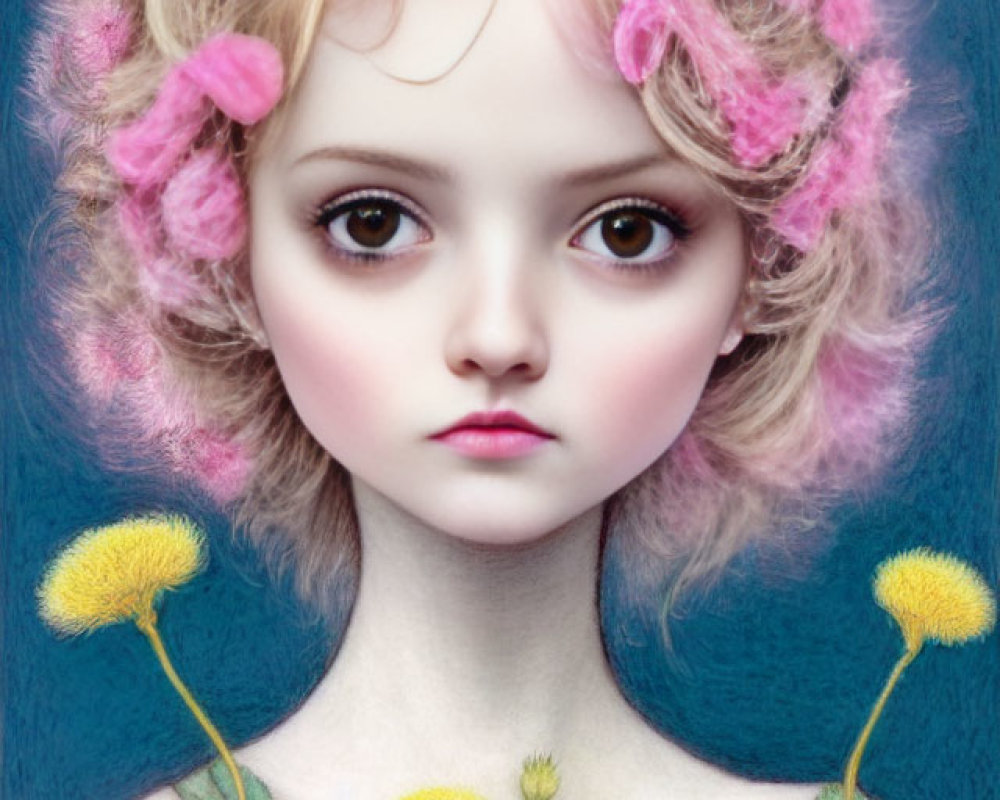 Digital portrait of girl with large eyes, rosy cheeks, pink & yellow flowers on blue background