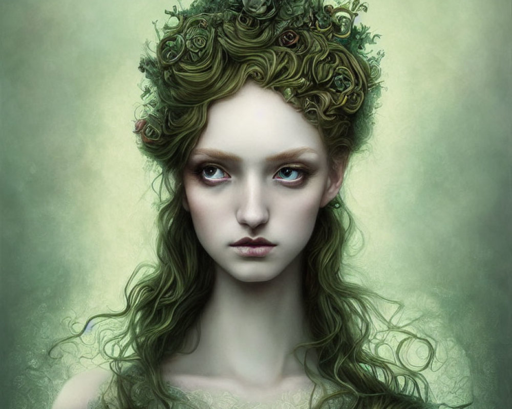 Digital portrait of serene woman with green skin, wavy hair, and floral crown