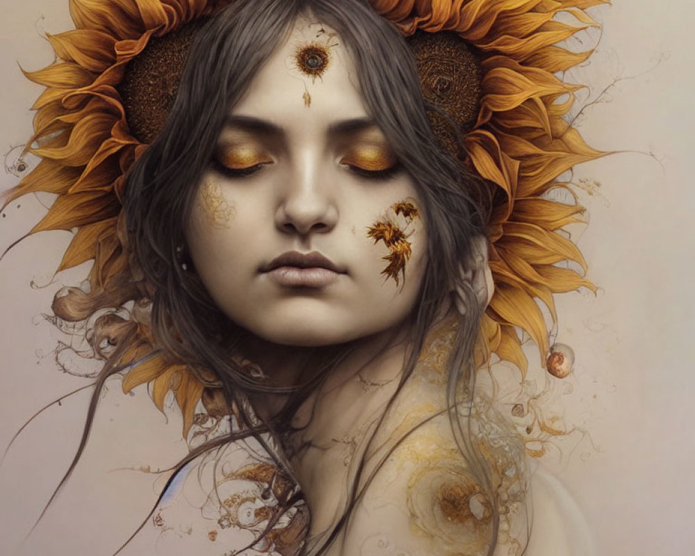 Woman with closed eyes wearing sunflower crown and golden floral patterns exudes peaceful, nature-inspired vibe.