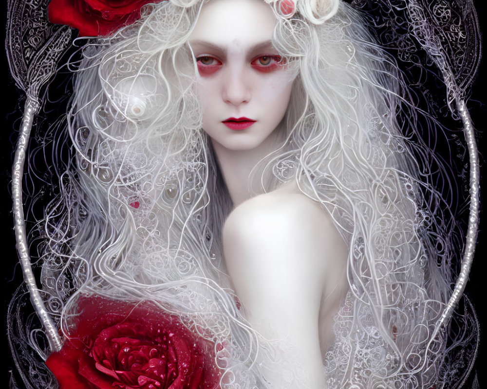 Pale figure with white hair and red roses, dark red eyes, surrounded by black lace patterns