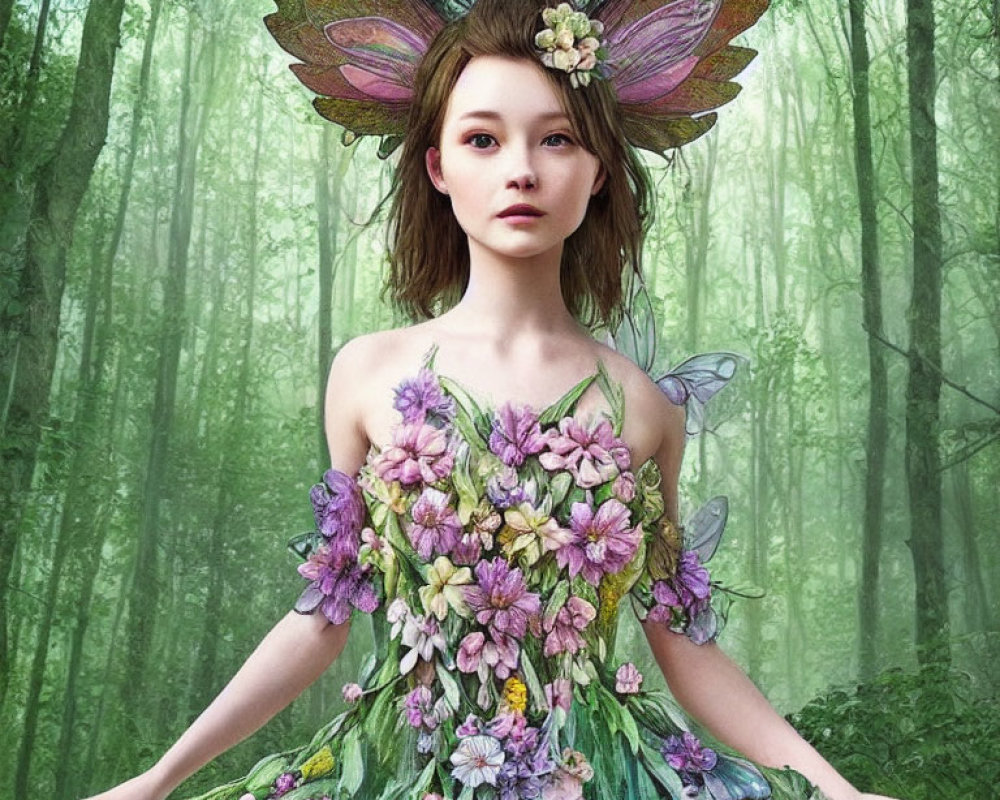 Colorful Fairy with Floral Dress in Forest Scene