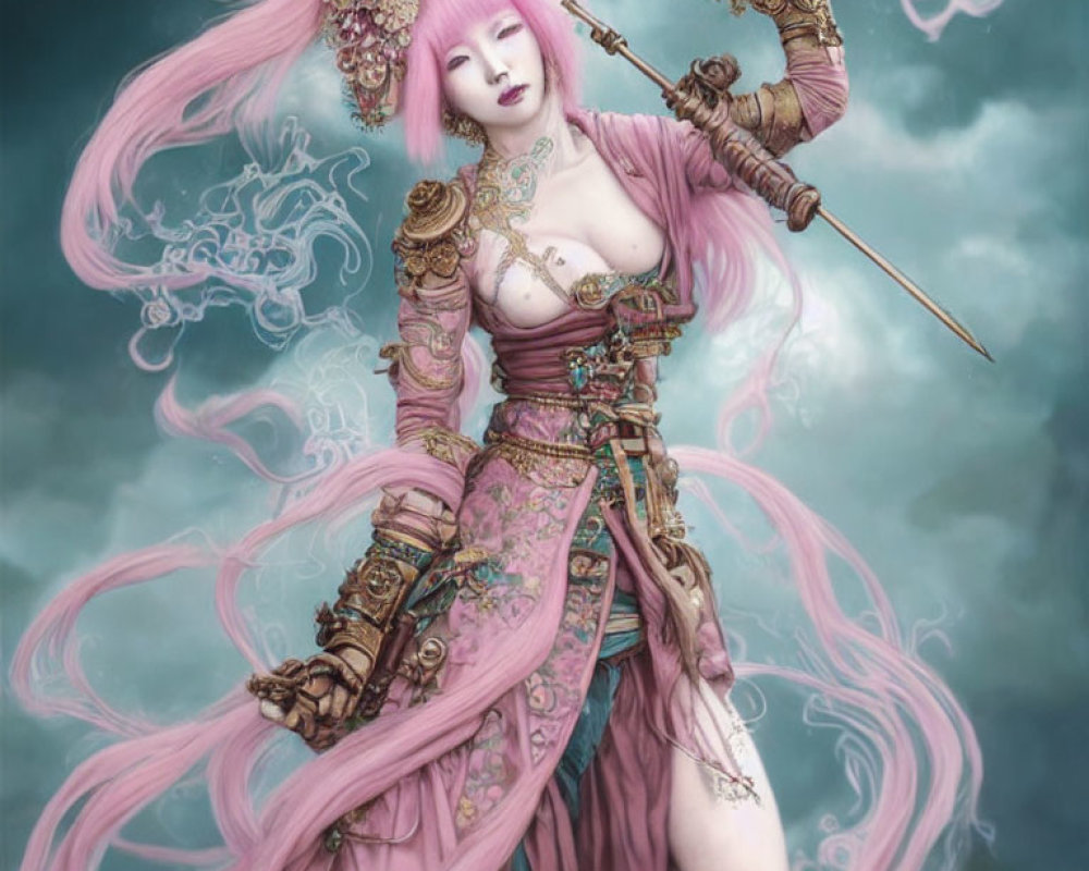 Fantasy illustration: Woman with long pink hair, intricate armor, staff, misty green backdrop