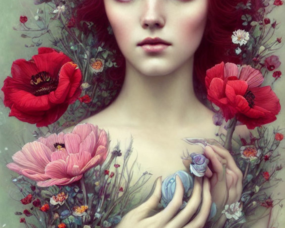 Colorful Surreal Portrait with Red-Haired Person, Flowers, and Bird