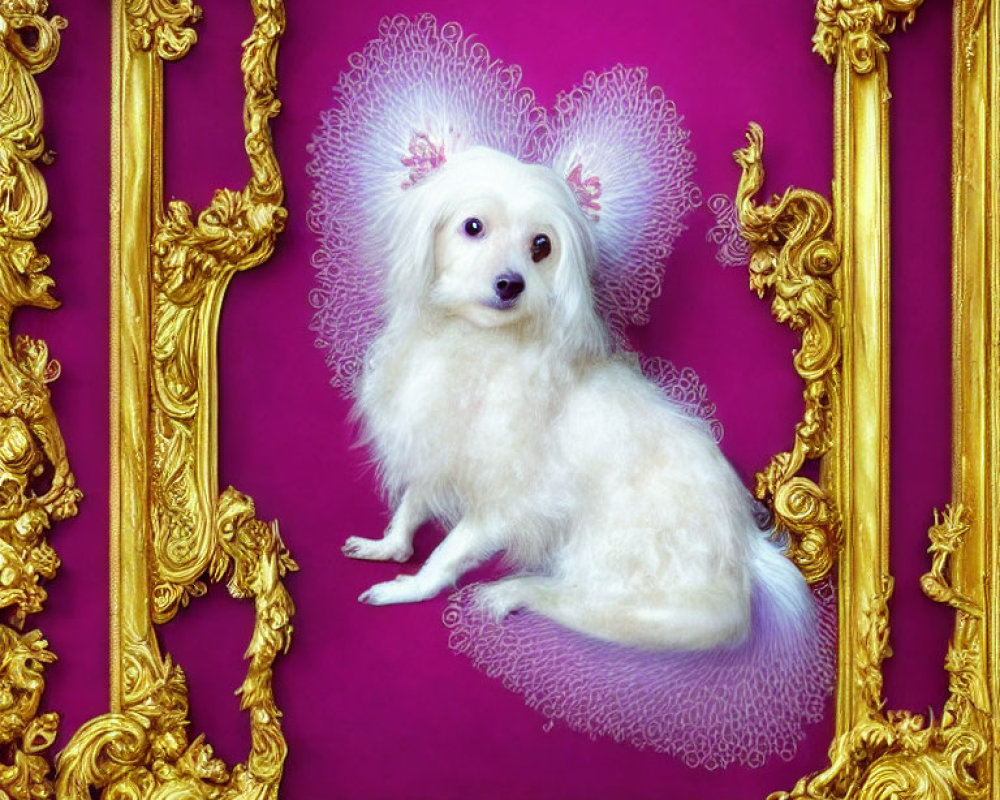 Fluffy white dog in regal pose framed in gold on pink background