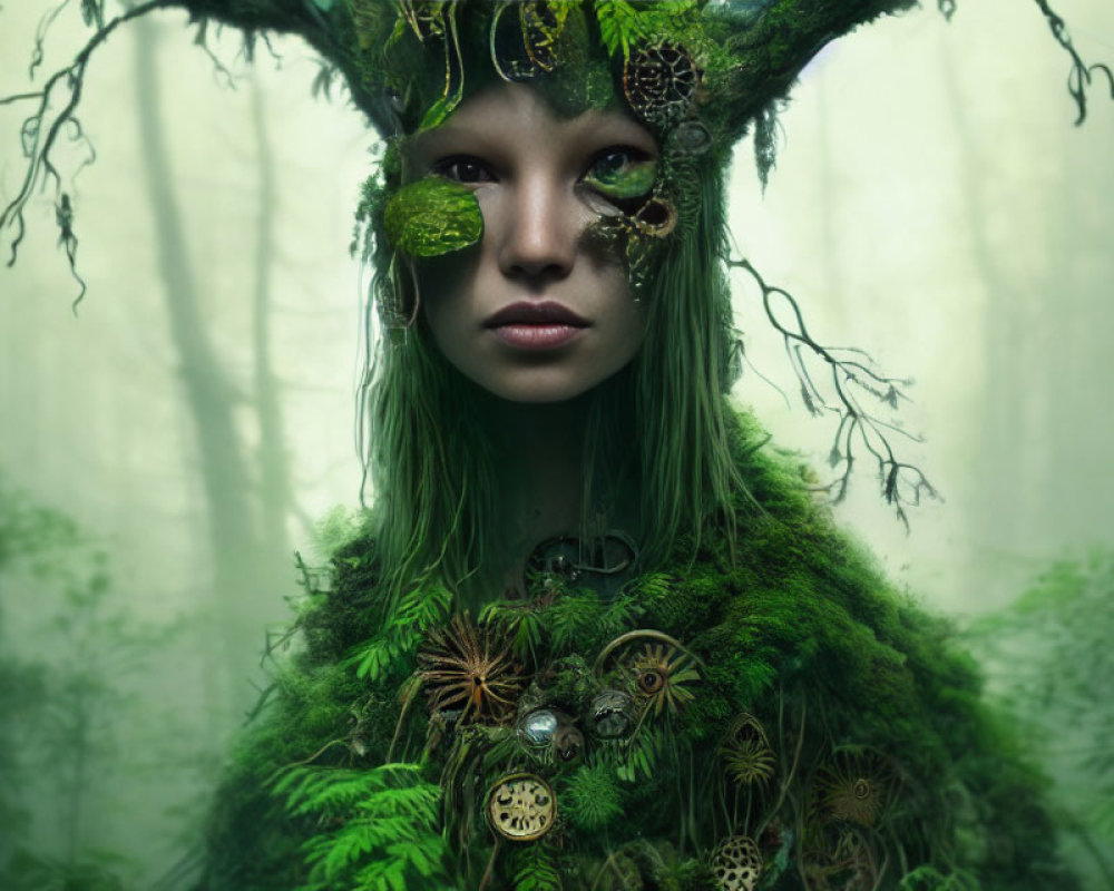 Mystical female figure with moss, leaves, and mechanical parts in foggy forest.