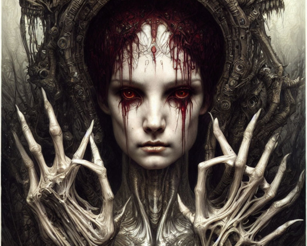 Digital artwork of pale figure with red eyes and blood-stained forehead.