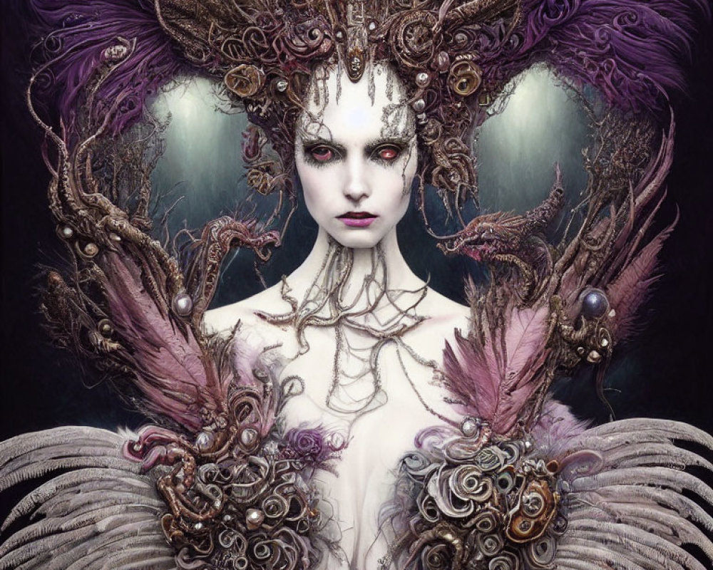 Pale-skinned figure with red eyes and elaborate headpiece in dark fantasy style.
