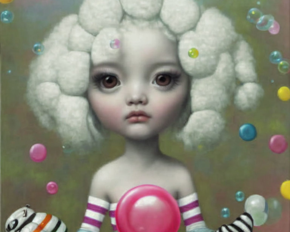 Surreal portrait of girl with cloud-like hair and third eye surrounded by colorful bubbles holding spherical object