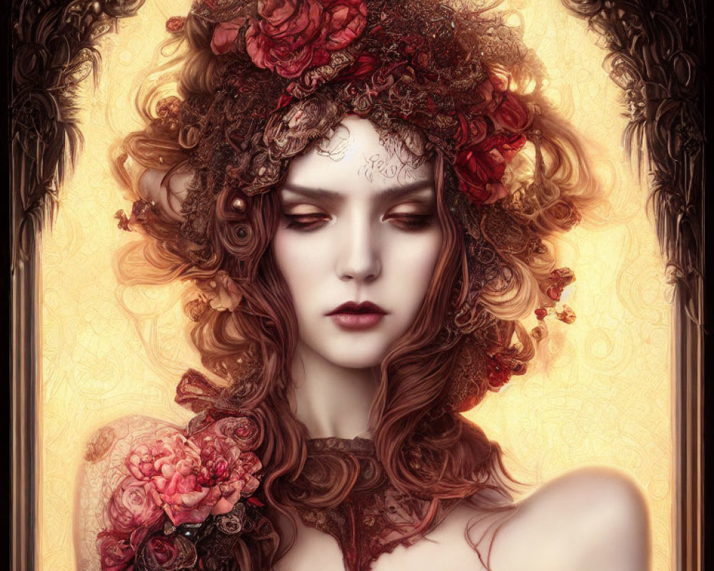 Detailed artwork of woman with floral headpiece and lace against golden background