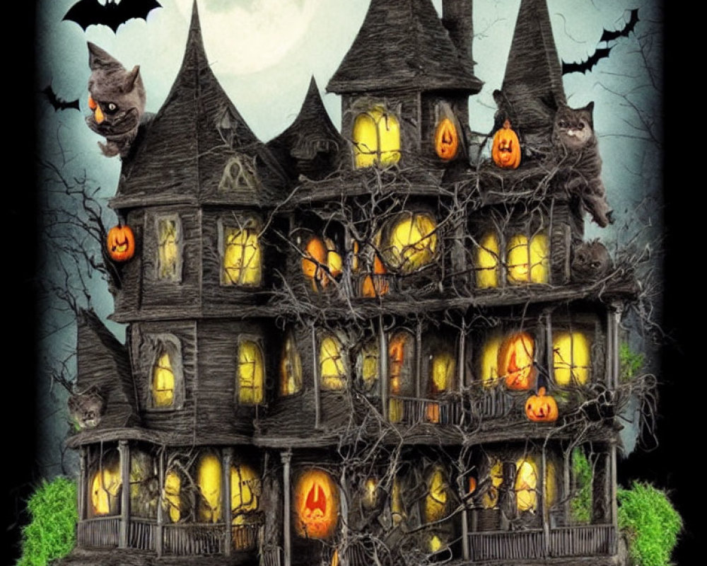 Gothic-style haunted house with Jack-o'-lanterns, bats, and full moon