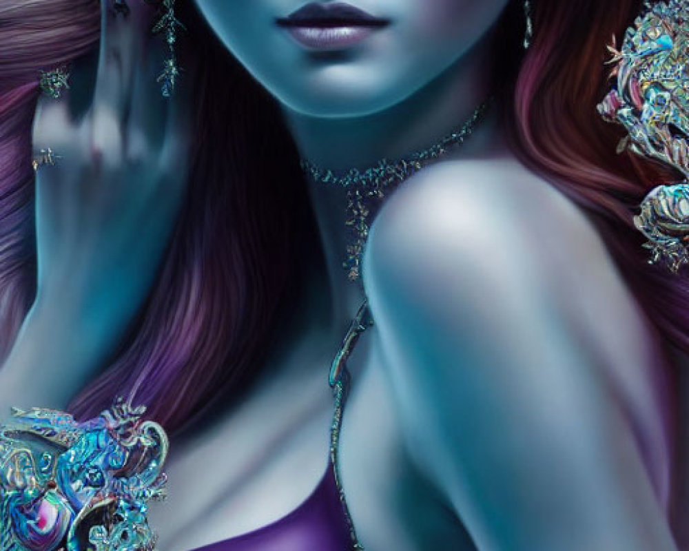 Digital Artwork: Woman with Red Hair and Elaborate Blue Jewelry