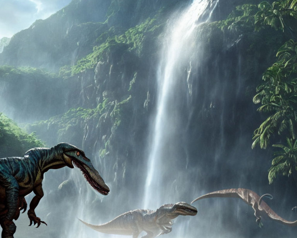 Prehistoric landscape with two dinosaurs near a waterfall