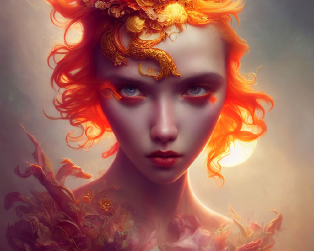 Fiery Red Hair Portrait with Orange Flowers and Gold Details