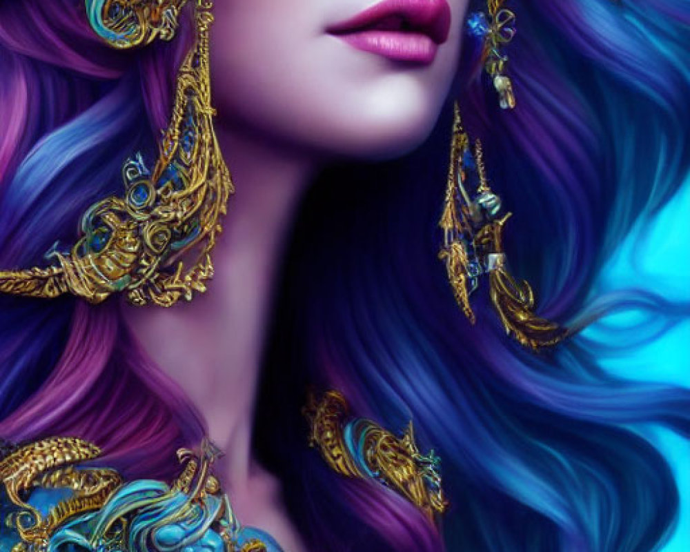 Vibrant purple and blue hair with golden filigree and roses portrait