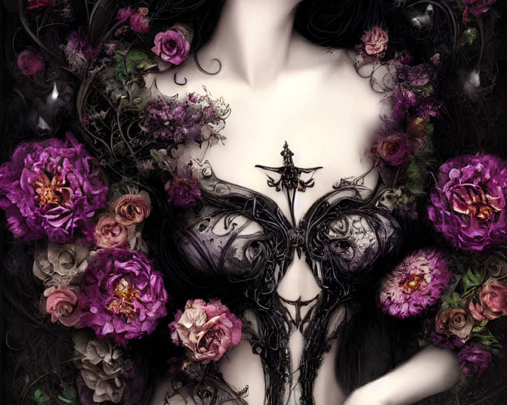 Ethereal woman in gothic attire with colorful roses and dark motifs