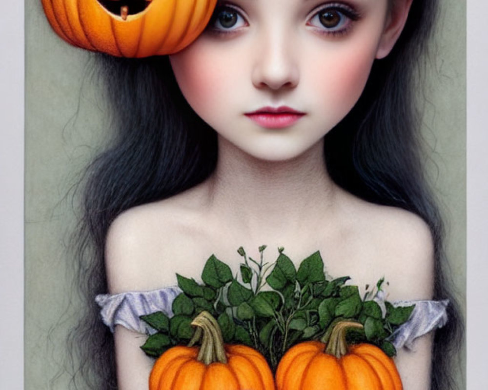 Girl with expressive eyes holding pumpkin & rose bouquet, carved pumpkin head.