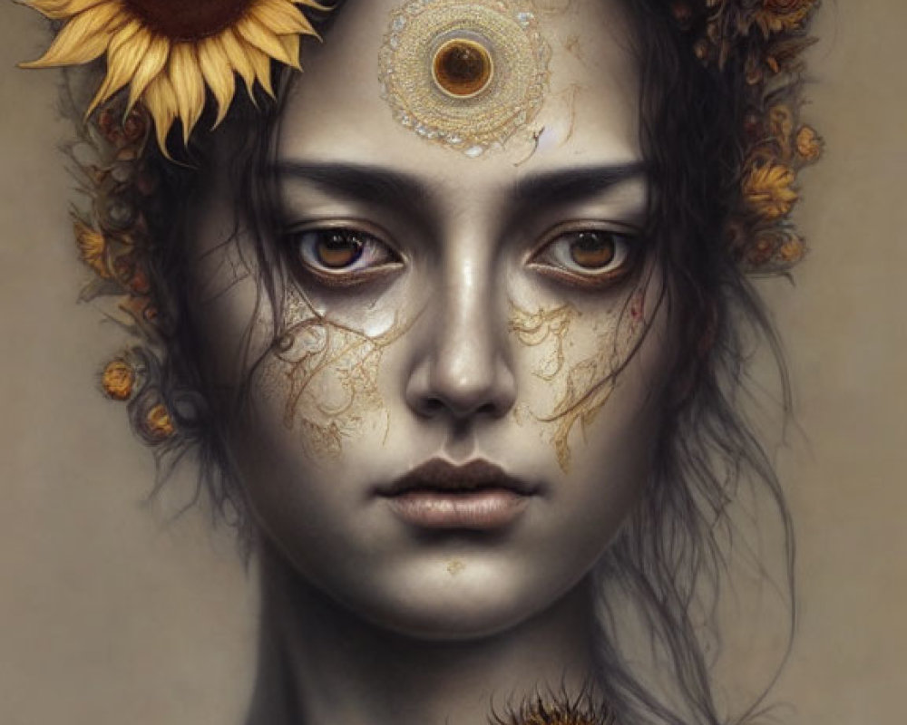 Person portrait with sunflower eye and adornments - intricate face patterns