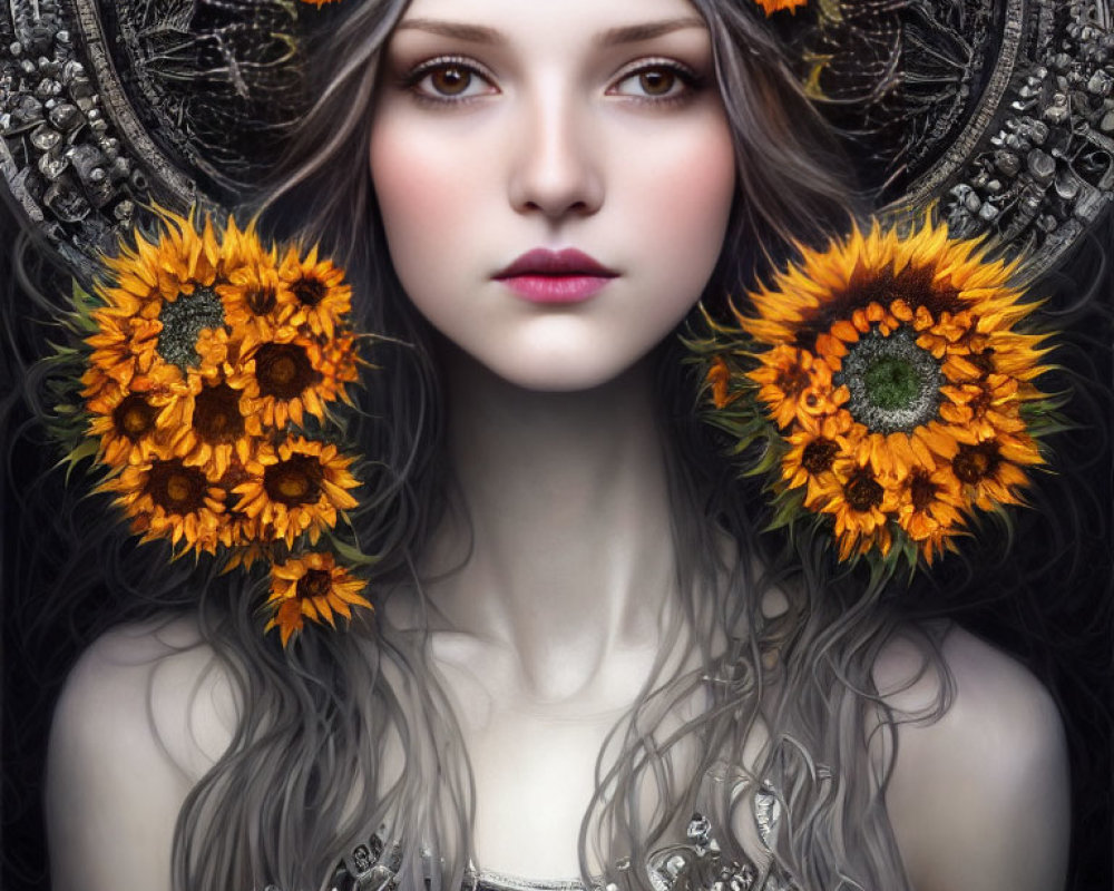 Woman with Sunflower Headdress and Metalwork Against Dark Floral Background