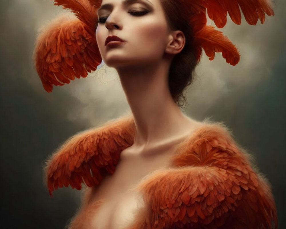 Woman wearing ornate orange feather headdress and shoulder piece with closed eyes in serene expression against muted background