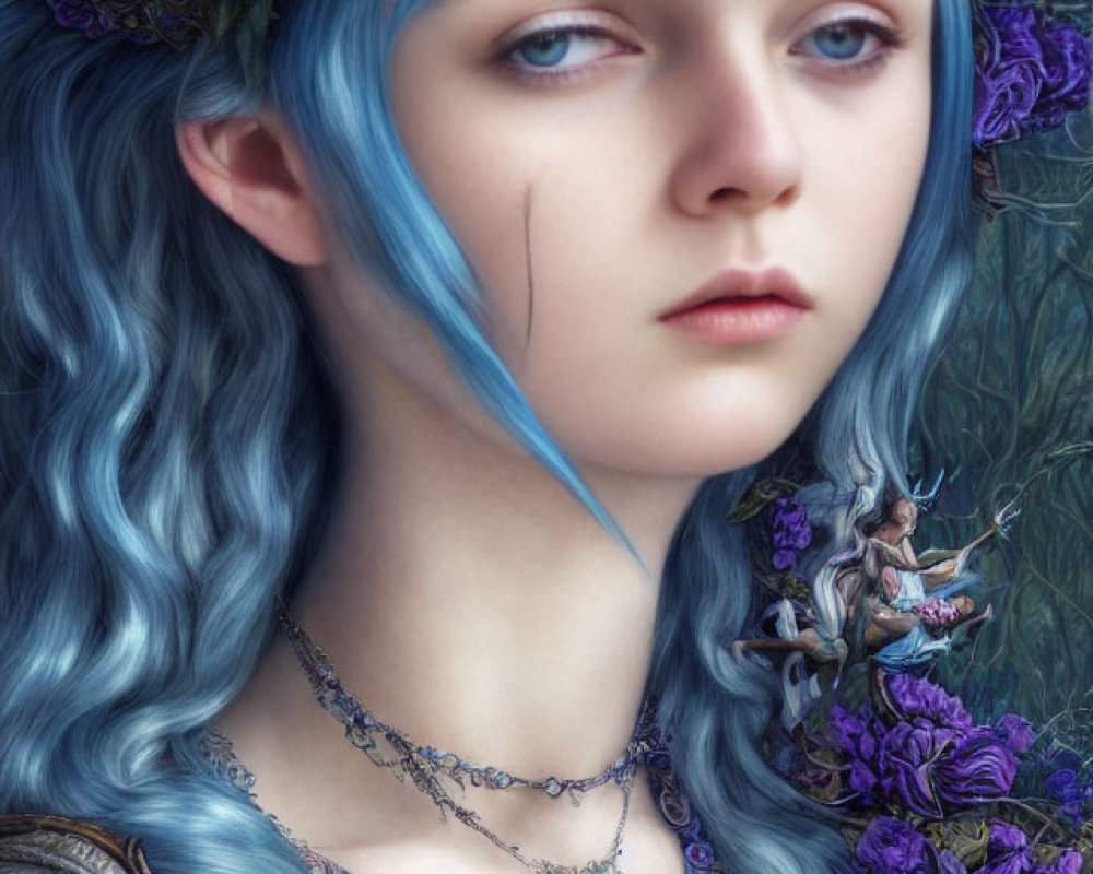 Blue-haired woman with floral headdress and ornate necklace exudes ethereal charm