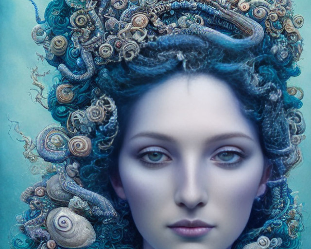 Intricate Spiral Headdress on Woman in Aquatic Fantasy Portrait