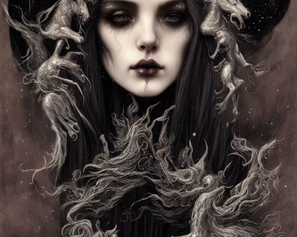Gothic fantasy portrait of pale woman with black hair and ethereal wolf-like creatures.