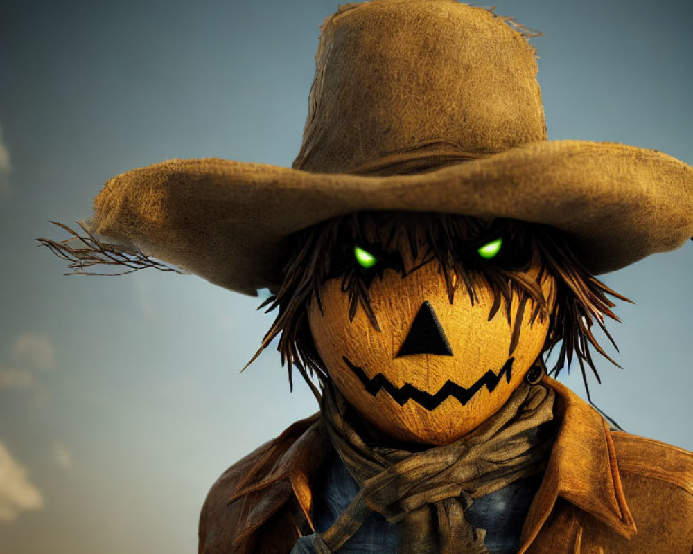 Spooky scarecrow with burlap face, green eyes, stitched smile, hat, and scarf