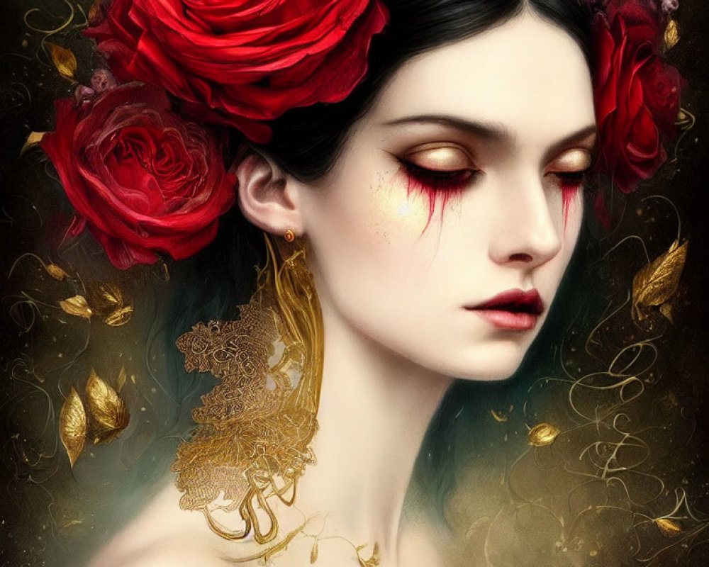 Portrait of woman with pale skin, dark hair, red roses, gold leaf, and ornate e
