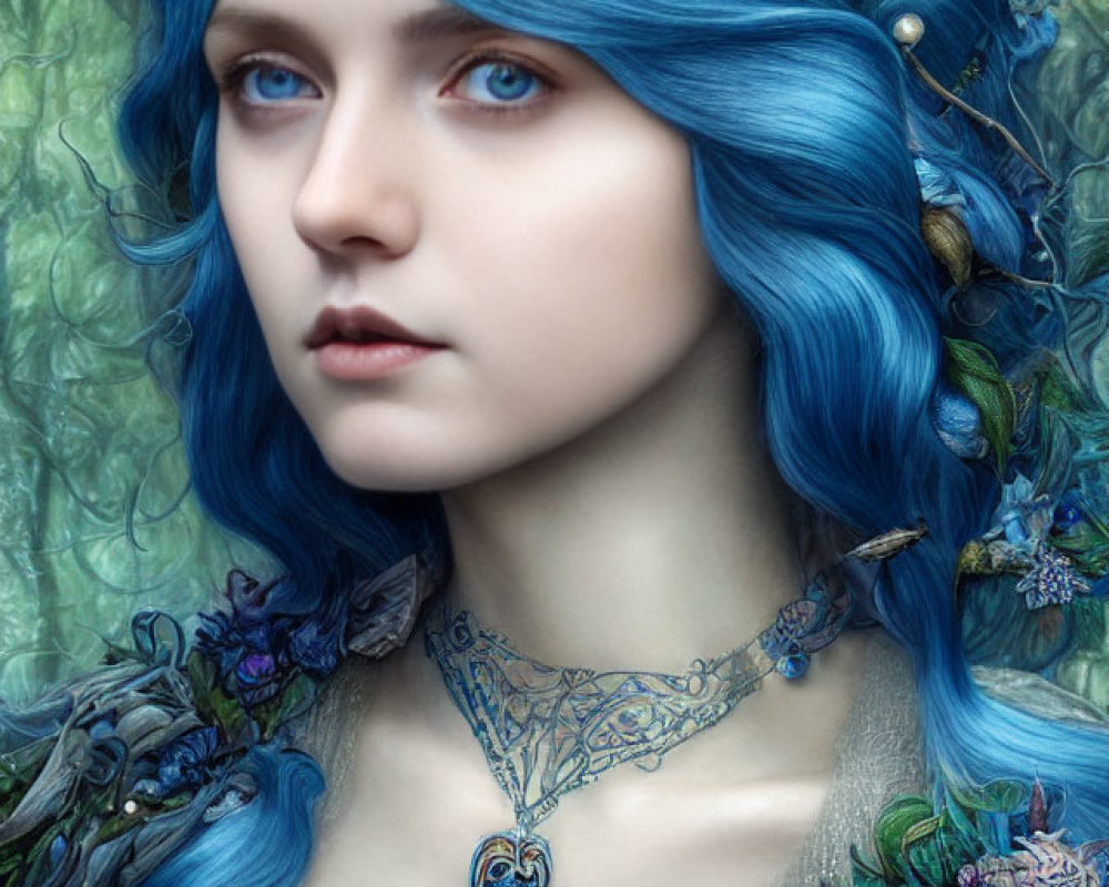 Vibrant blue hair portrait with floral crown and necklace on green foliage backdrop