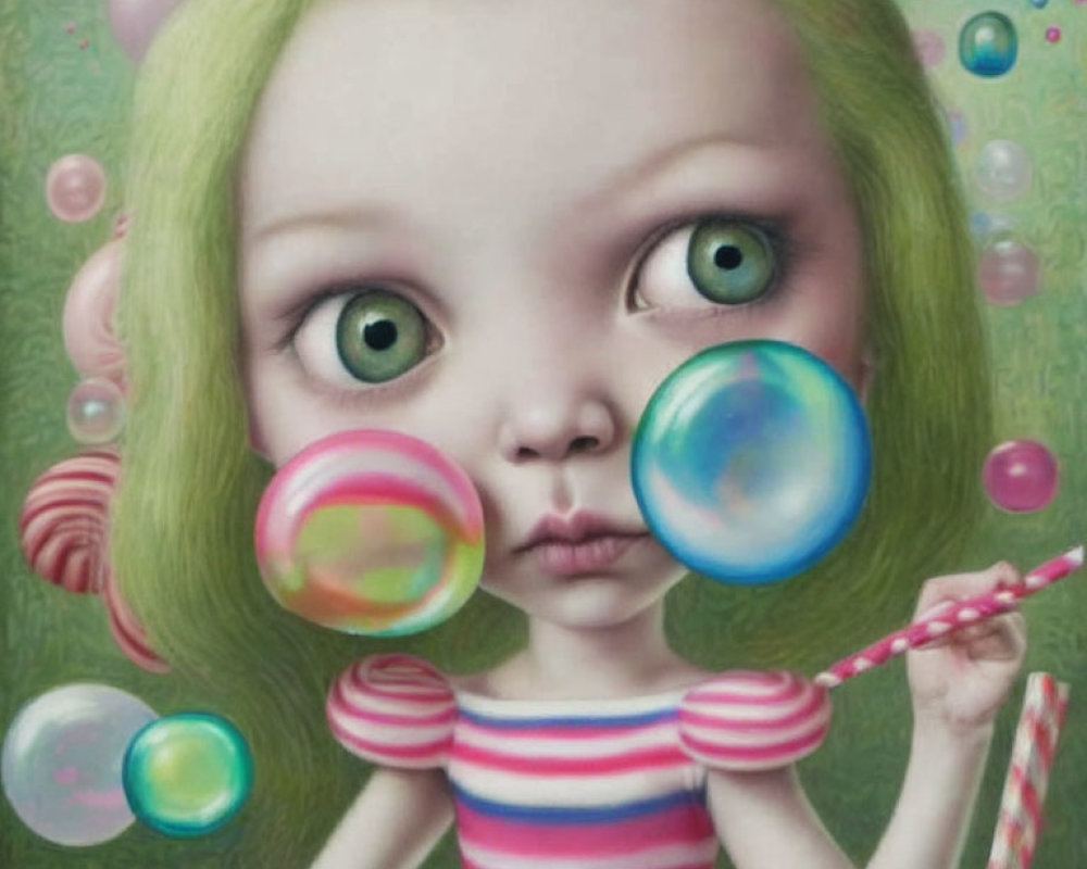 Stylized painting of a green-eyed girl blowing bubbles