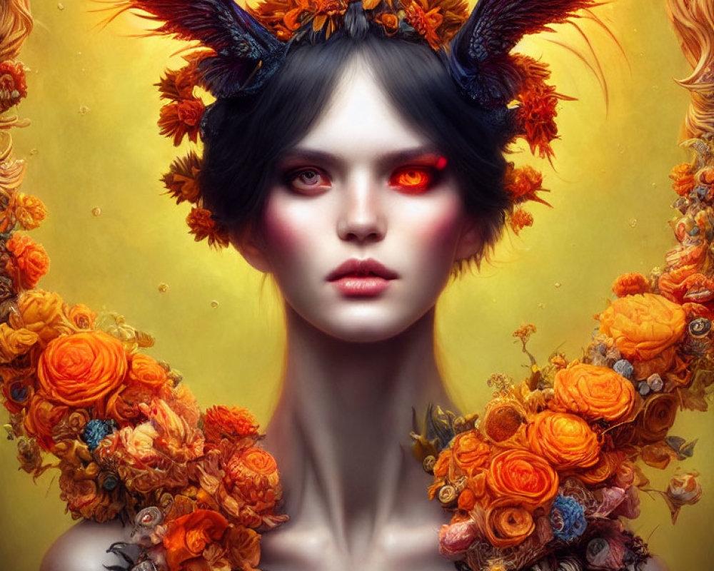 Fantasy portrait: Person with glowing red eyes, horns, surrounded by orange flowers