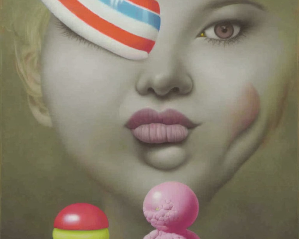 Surreal portrait: Disproportionate features, covered eye, colorful abstract figures