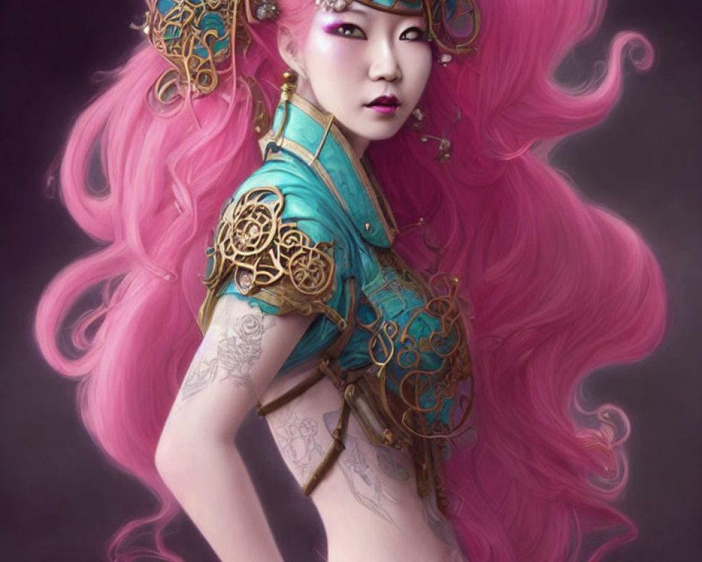 Vibrant pink hair and ornate gold teal headgear on a woman.