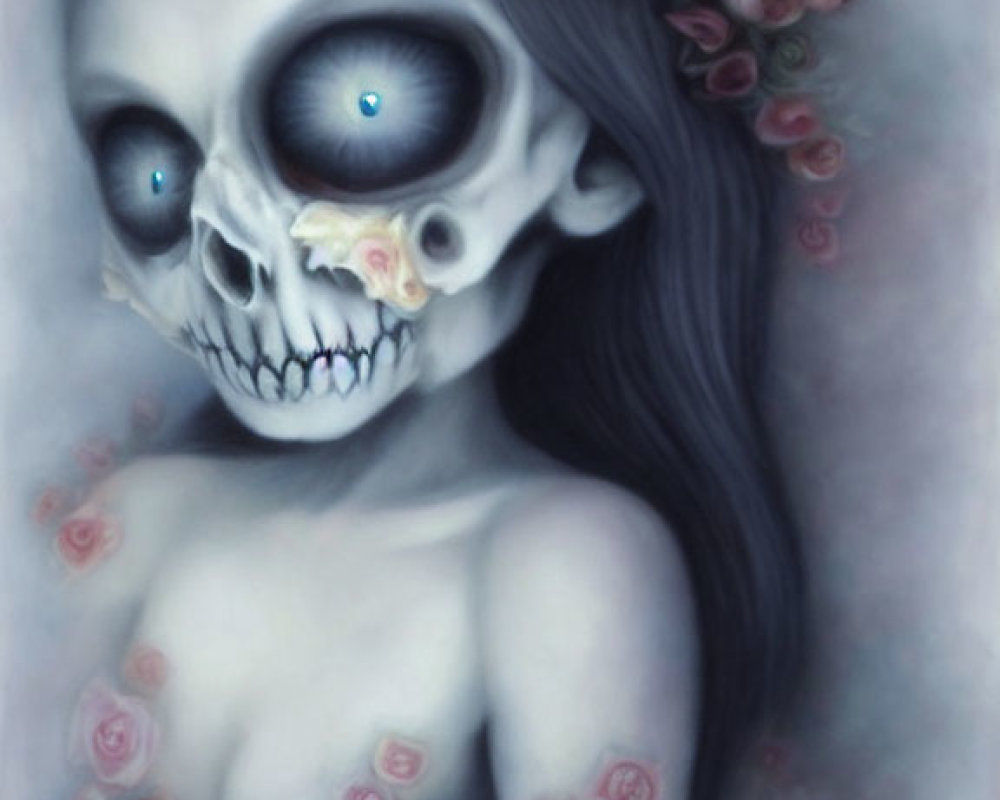 Gothic skeletal figure with blue eyes and floral skull in misty setting