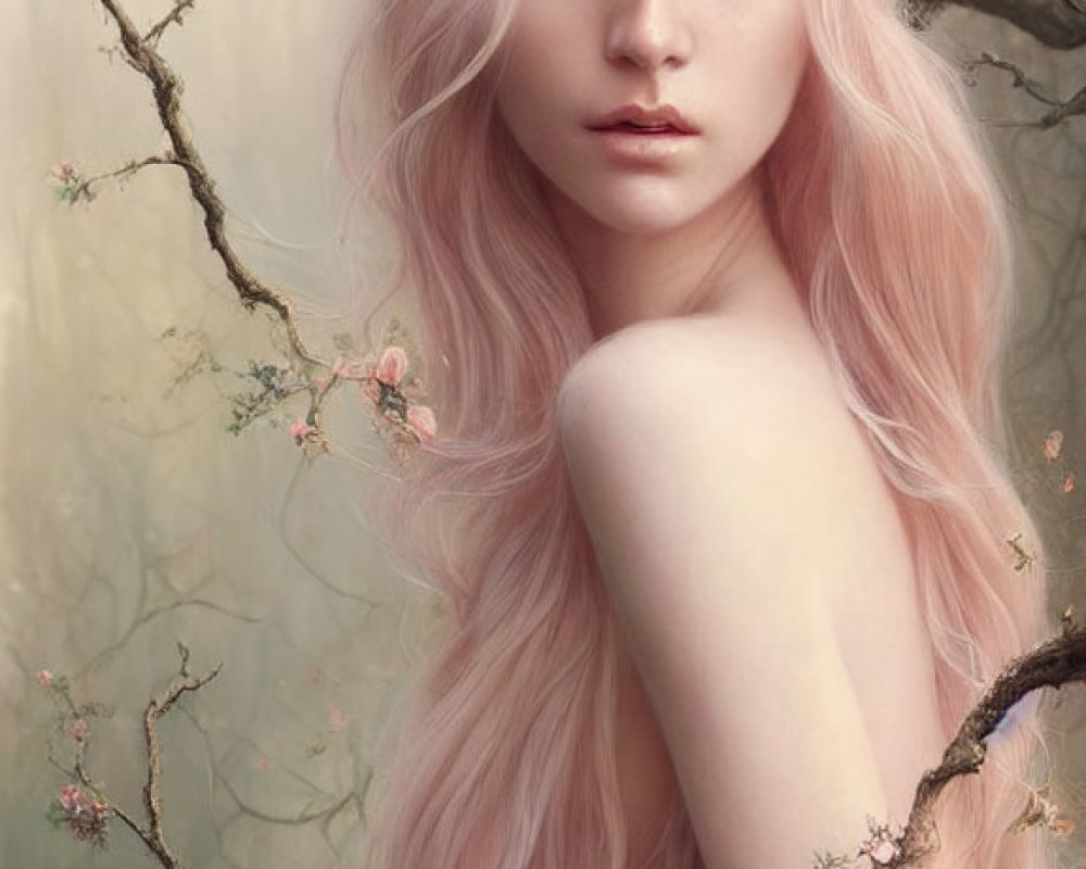 Person with Long Pink Hair and Floral Crown Among Blossoming Branches