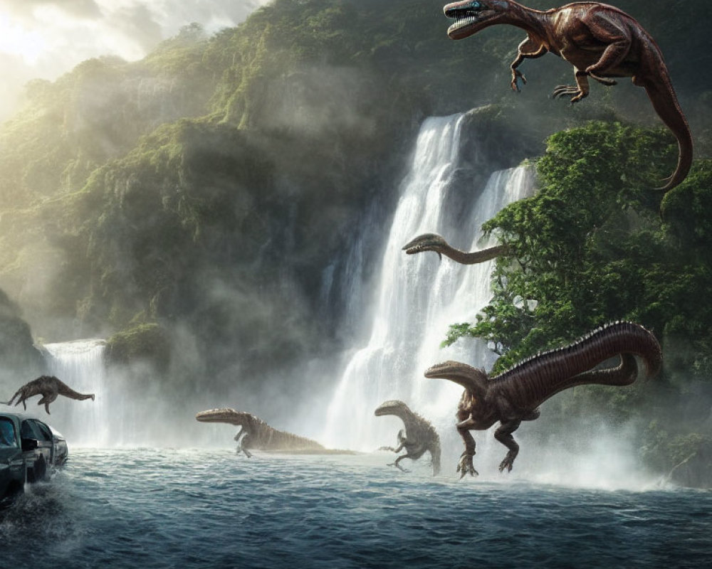 Dramatic dinosaur scene in lush landscape with waterfall