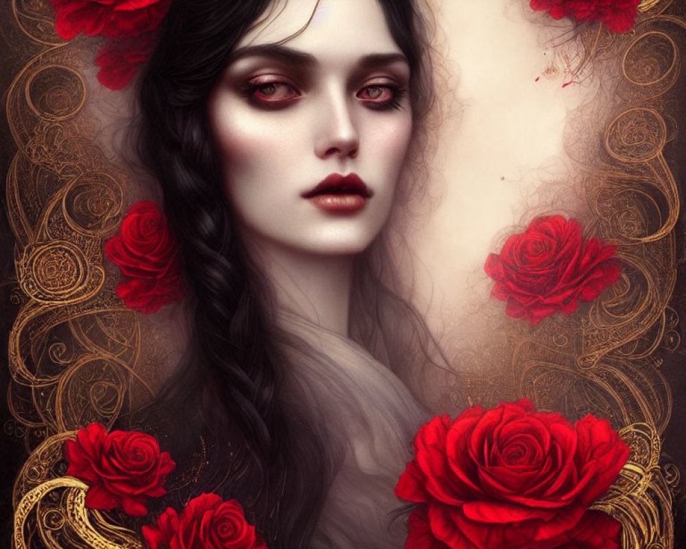 Pale-skinned woman with black hair, red eyes, roses, and ornate patterns on dark background