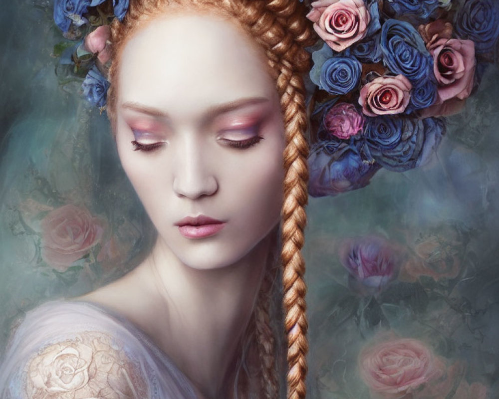 Woman with Braided Hair and Floral Adornments in Delicate Makeup