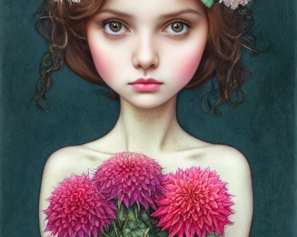 Portrait of a girl with big brown eyes and floral crown holding pink flowers