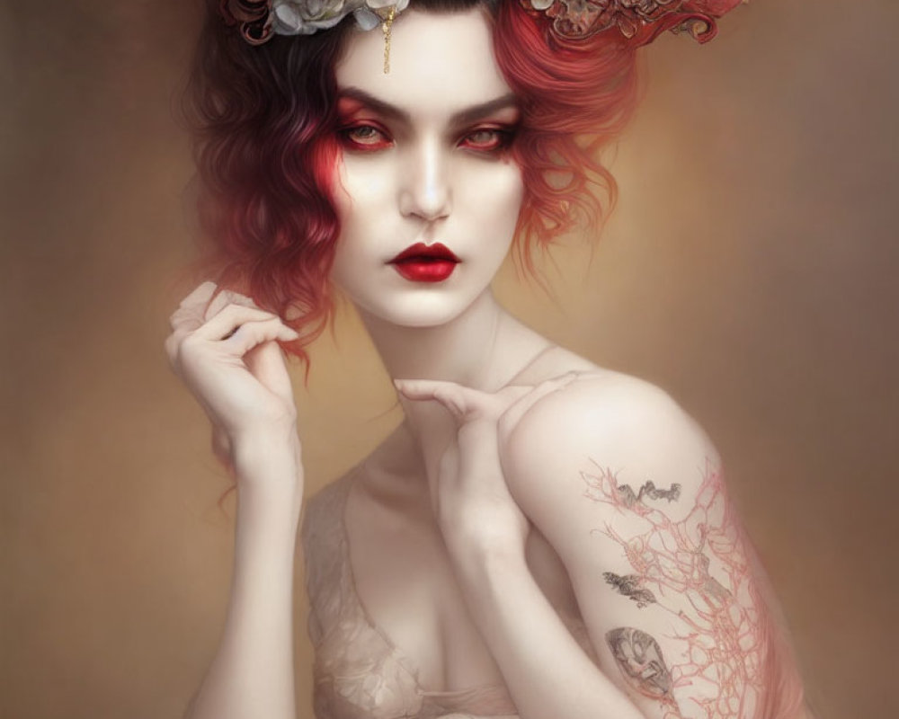 Stylized portrait of woman with red and black hair, floral headpiece, and tattooed arms