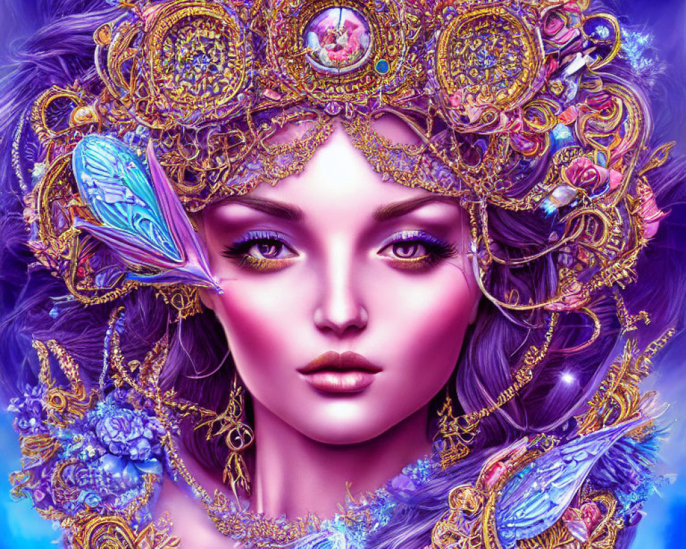 Colorful digital artwork: Woman with gold and purple headdress.
