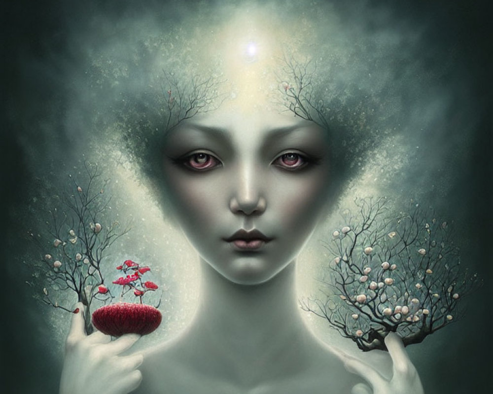 Surreal portrait of pale woman with tree-like hair and glowing forehead holding mini trees with red and