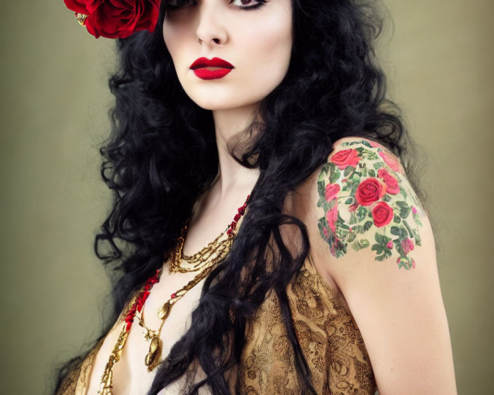 Black-haired woman with red lipstick and floral tattoo in golden outfit.