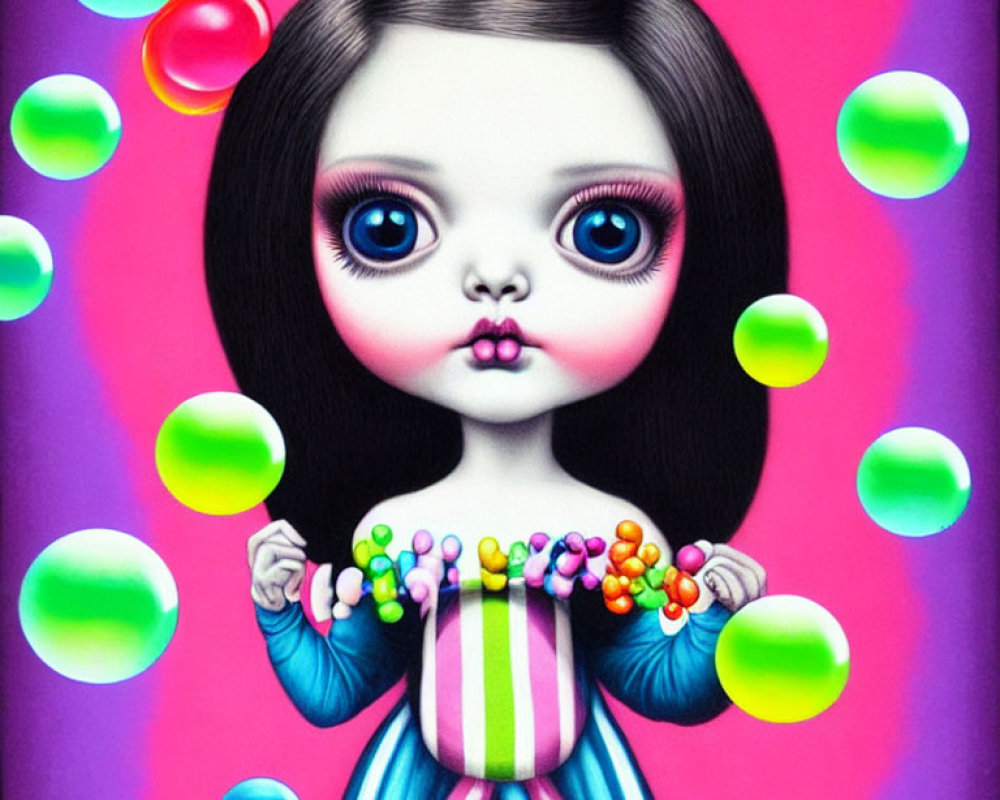 Wide-eyed girl with candies in surreal portrait against vibrant bubbles