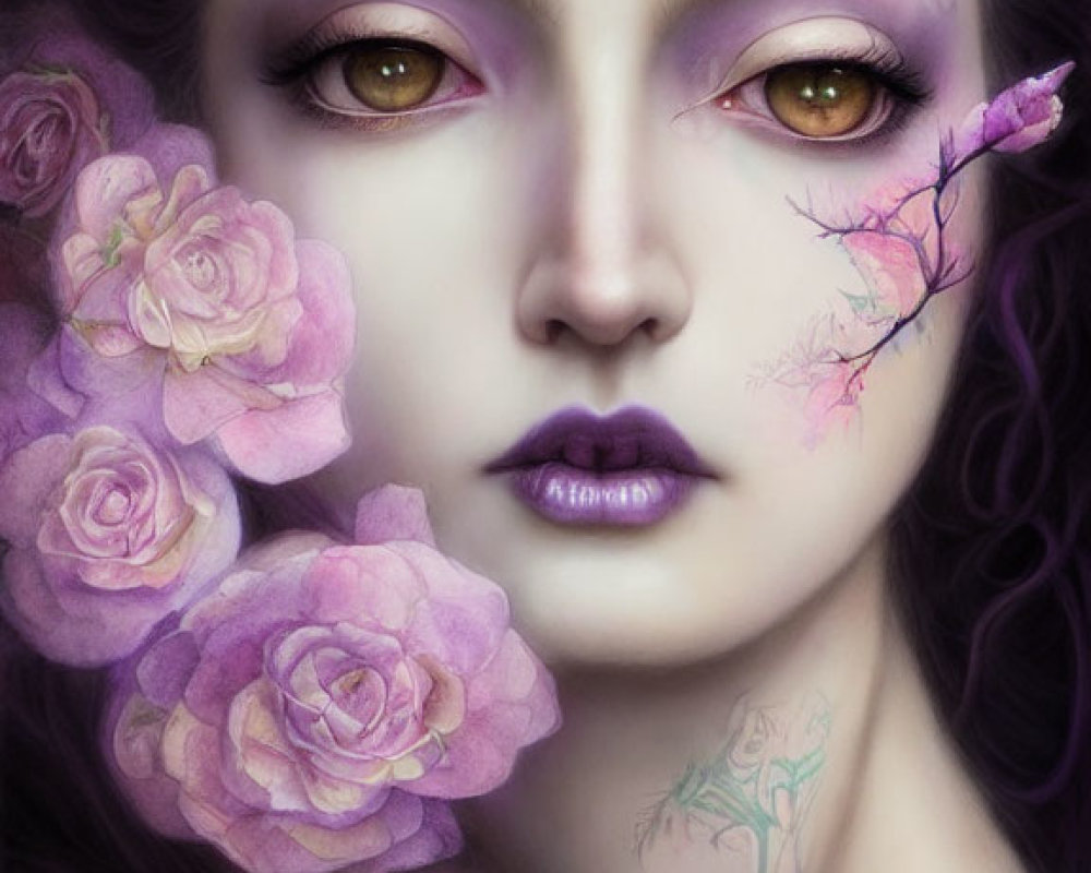 Stylized portrait featuring pale skin, purple roses, yellow eyes, and floral facial accents