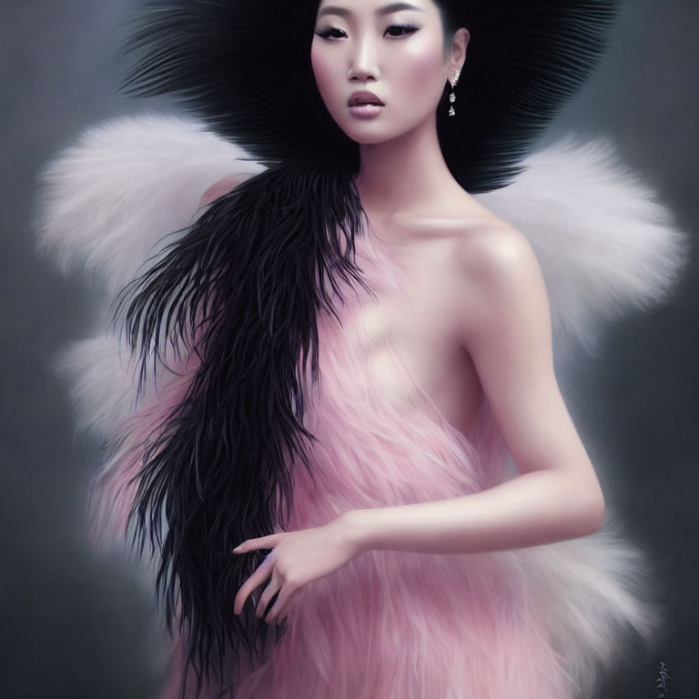 Avant-garde black and pink feathered outfit on woman with dark hair