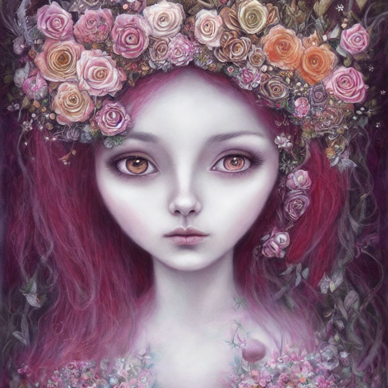 Surreal portrait of person with purple eyes and pink hair in floral crown