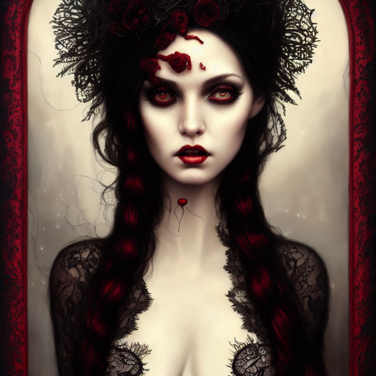 Gothic portrait of woman with red and black hair, pale skin, red eyes, and elaborate