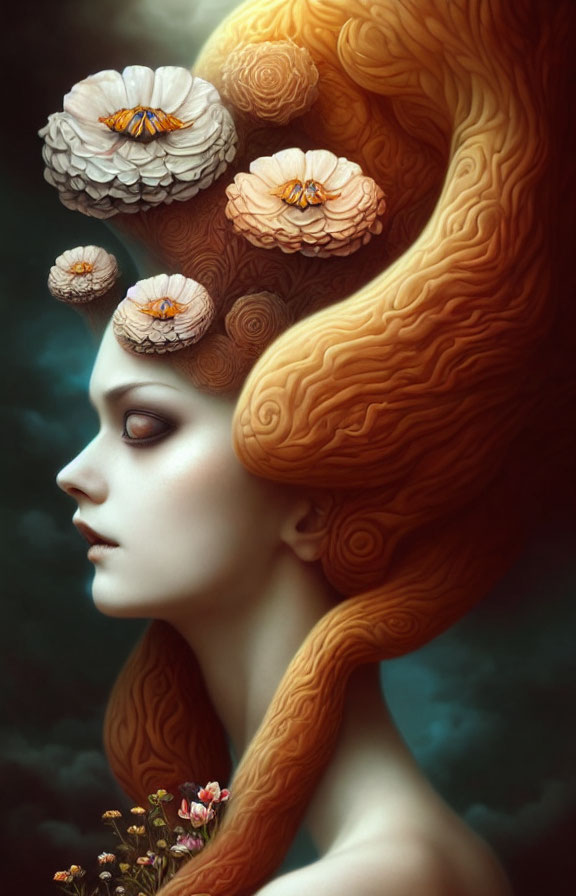Surreal portrait of woman with orange cloud-like hair and blooming white flowers